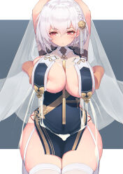 Rule 34 | 1girl, arms up, azur lane, blush, breasts, disembodied hand, dress, grabbing, grabbing another&#039;s breast, grabbing from behind, highres, huge breasts, lactation, lactation through clothes, large breasts, milking, open mouth, pepper0, projectile lactation, red eyes, sirius (azur lane), sirius (azure horizons) (azur lane), thick thighs, thighhighs, thighs, white hair