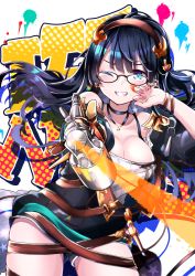 Rule 34 | 1girl, absurdres, airbrush, black hair, blue eyes, bracelet, breasts, cleavage, ear piercing, glasses, graffiti, granblue fantasy, grin, highres, illnott (granblue fantasy), jewelry, large breasts, long hair, paint splatter, piercing, shorts, signature, smile, solo, wiping face, yoake