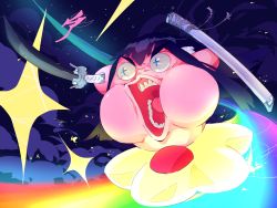 Rule 34 | + +, aetherion, arms up, artist name, black hair, blue eyes, bulging eyes, cheek bulge, cloud, commission, cosplay, full body, hair ornament, hairclip, highres, holding, holding sword, holding weapon, katana, kill la kill, kirby, kirby (series), kiryuuin satsuki, kiryuuin satsuki (cosplay), long hair, meme, nintendo, no humans, open mouth, rainbow, screaming, sheath, sidelocks, signature, solo, space, sparkle, standing, star (sky), star (symbol), sword, teeth, tongue, v-shaped eyebrows, warp star, weapon, wrinkled skin