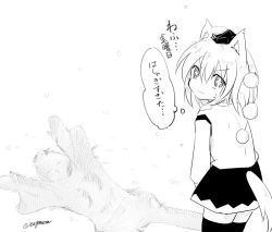 Rule 34 | &gt;:3, 1girl, :3, animal ears, black skirt, black thighhighs, greyscale, hat, inubashiri momiji, leaning forward, looking at viewer, monochrome, pom pom (clothes), shirt, skirt, snow, snow on head, sparkling eyes, tail, taurine 8000mg, thighhighs, tokin hat, touhou, translated, turning head, twitter username, v-shaped eyebrows, white shirt, wolf ears, wolf tail, zettai ryouiki
