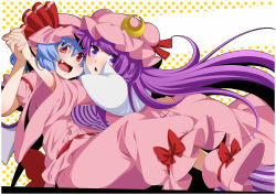 Rule 34 | 2girls, bat wings, blue hair, boots, bow, capelet, crescent, dress, eichi yuu, fang, hat, hat ribbon, long hair, mob cap, multiple girls, open mouth, patchouli knowledge, pink dress, pink footwear, pointy ears, polka dot, polka dot background, purple dress, purple eyes, purple hair, red bow, red eyes, red ribbon, red theme, remilia scarlet, ribbon, sash, smile, striped clothes, striped dress, touhou, very long hair, wings, yuri