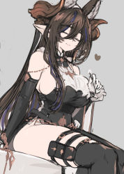 Rule 34 | 1girl, animal ears, bare shoulders, black dress, black thighhighs, blush, breasts, brown hair, closed eyes, detached sleeves, dress, elbow gloves, extra ears, galleon (granblue fantasy), gloves, granblue fantasy, hayabusa, highres, horns, large breasts, long hair, pointy ears, pouch, sideboob, sitting, sketch, smile, solo, thigh strap, thighhighs, very long hair, white gloves