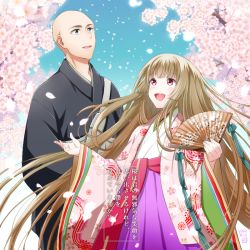 Rule 34 | 1boy, 1girl, :d, bald, blue sky, brown hair, day, floral print, folding fan, grey eyes, hand fan, long hair, looking up, novel illustration, official art, open mouth, outdoors, paper fan, petals, red eyes, sky, smile, standing, very long hair, wide sleeves, yomo (rb crr)