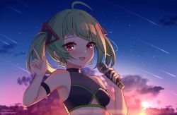 Rule 34 | 1girl, ahoge, arm strap, armpits, blush, breasts, clothing cutout, cloud, commentary, commission, delutaya, diagonal bangs, earrings, english commentary, highres, holding, holding microphone, icwine, indie virtual youtuber, jewelry, meteor shower, microphone, mixed-language commentary, open mouth, pointing, pointing up, red eyes, shooting star, sky, small breasts, smile, solo, sunset, triangle earrings, twintails, underboob cutout, virtual youtuber