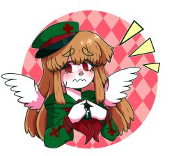 Rule 34 | angel, angel wings, blush, brown hair, colored skin, cross print, dot nose, fingers together, funamusea, green shirt, haiiro teien, hat, highres, light brown hair, long hair, long sleeves, macarona, neckerchief, neckwear request, nervous, patterned background, pink background, raised eyebrows, red neckerchief, sailor collar, sailor hat, school uniform, shirt, sidelocks, simple background, solo, sweat, upper body, wavy mouth, white skin, wings