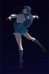 Rule 34 | 1girl, absurdres, asakura ryouko, black background, black socks, blood, bloody knife, blue background, blue eyes, blue hair, blue neckerchief, blue skirt, brown footwear, closed mouth, commentary, dancing, dark background, from behind, full body, gradient background, hands up, highres, holding, holding knife, kazukida, kita high school uniform, kneehighs, knife, legs, light smile, loafers, long hair, long sleeves, looking to the side, miniskirt, neckerchief, outstretched arms, parted bangs, pirouette, puffy long sleeves, puffy sleeves, school uniform, serafuku, shirt, shirt tucked in, shoes, simple background, skirt, socks, solo, standing, standing on one leg, suzumiya haruhi no shoushitsu, suzumiya haruhi no yuuutsu, thighs, tiptoes, very long hair, weapon, white shirt