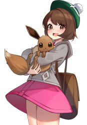 Rule 34 | 1girl, :d, absurdres, backpack, bag, bob cut, brown bag, brown eyes, brown hair, buttons, cardigan, commentary request, creatures (company), dress, eevee, game freak, gen 1 pokemon, gloria (pokemon), green headwear, grey cardigan, hat, highres, holding, holding pokemon, hooded cardigan, nintendo, open mouth, pink dress, pokemon, pokemon (creature), pokemon swsh, short hair, simple background, smile, tam o&#039; shanter, teeth, tongue, upper teeth only, white background, ziro (zirorong)