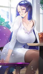 Rule 34 | 1girl, a2ki, blue hair, blurry, blurry background, breasts, chair, cleavage, collarbone, commentary request, cup, day, dress, drinking glass, earrings, fate/grand order, fate (series), highres, indoors, jewelry, large breasts, lips, long hair, long sleeves, looking at viewer, low-tied long hair, minamoto no raikou (fate), nail polish, necklace, pantyhose, parted bangs, purple eyes, ribbed dress, short dress, simple background, sitting, smile, solo, table, very long hair, window
