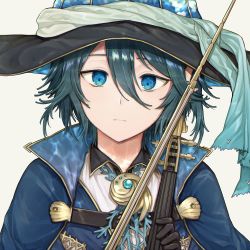 Rule 34 | 1boy, bad id, bad pixiv id, black hair, blue eyes, bow (music), brooch, hair between eyes, hair ribbon, hat, highres, holding, holding instrument, holding violin, instrument, jewelry, looking at viewer, male focus, nekogu rui, original, portrait, ribbon, simple background, solo, stradivarius (pixiv fantasia age of starlight), upper body, violin, white background