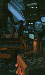 Rule 34 | animated, animated gif, fishbowl, harp, highres, indoors, instrument, night, no humans, original, photo (object), piano, pixel art, scenery, static, sticky note, stool, television, waneella, window