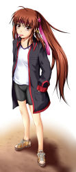 Rule 34 | 1girl, bad id, bad pixiv id, bike shorts, brown hair, gym uniform, hands in pockets, headband, highres, ichirou, jacket, legs, little busters!, long hair, natsume rin, ponytail, red eyes, solo, tongue