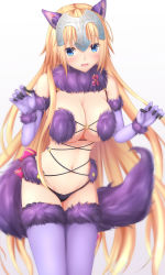 Rule 34 | 1girl, animal ears, black panties, blonde hair, blue eyes, blush, breasts, cleavage, cosplay, cowboy shot, elbow gloves, fate/apocrypha, fate (series), floating hair, fox ears, fox tail, fur trim, gloves, gradient background, grey background, huge breasts, jeanne d&#039;arc (fate), jeanne d&#039;arc (ruler) (fate), long hair, looking at viewer, mash kyrielight, mash kyrielight (dangerous beast), mash kyrielight (dangerous beast) (cosplay), midriff, navel, official alternate costume, open mouth, panties, purple gloves, purple thighhighs, solo, standing, stomach, tail, tapisuke, thighhighs, underwear, very long hair, wolf ears, wolf tail