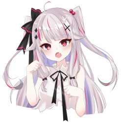 Rule 34 | 1girl, :o, ahoge, bare arms, bare shoulders, black bow, black ribbon, blush, bow, breasts, commentary request, cropped torso, dreamoon, fang, grey hair, hair bobbles, hair bow, hair ornament, head tilt, highres, long hair, looking at viewer, multicolored hair, neck ribbon, nijisanji, open mouth, purple hair, rabbit hair ornament, red eyes, ribbon, shirt, sidelocks, sleeveless, sleeveless shirt, small breasts, solo, streaked hair, two side up, upper body, very long hair, virtual youtuber, white shirt, yorumi rena, yorumi rena (young)