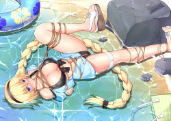 Rule 34 | 1girl, absurdly long hair, absurdres, arms behind back, bdsm, bikini, black bikini, blonde hair, blue eyes, blue jacket, blush, bondage, bound, bound arms, bound legs, braid, breasts, cleavage, crotch rope, fate/grand order, fate (series), hairband, highres, hood, hooded jacket, jacket, jeanne d&#039;arc (fate), jeanne d&#039;arc (ruler) (fate), jeanne d&#039;arc (swimsuit archer) (fate), jeanne d&#039;arc (swimsuit archer) (first ascension) (fate), kuraudo, large breasts, long hair, looking at viewer, restrained, rope, shibari, shibari over clothes, single braid, solo, swimsuit, very long hair