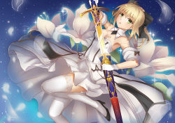 Rule 34 | 1girl, ahoge, artoria pendragon (all), artoria pendragon (fate), blonde hair, caliburn (fate), dress, fate/unlimited codes, fate (series), flower, gradient background, green eyes, high heels, lily (flower), ponytail, saber (fate), saber lily, sheath, solo, stripe (artist), thighhighs, unsheathing, white thighhighs