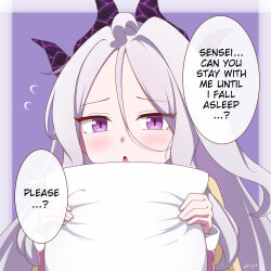 Rule 34 | 1girl, ahoge, blue archive, blush, cardigan, cardigan on shoulders, commentary, demon girl, demon horns, english commentary, english text, flying sweatdrops, forehead, hair between eyes, halo, highres, hina (blue archive), hina (pajamas) (blue archive), holding, holding pillow, horns, long hair, long sleeves, looking at viewer, official alternate costume, open cardigan, open clothes, pajamas, parted bangs, pillow, pink pajamas, polka dot, polka dot pajamas, purple background, purple eyes, sidelocks, simple background, solo, speech bubble, stryx, two-tone background, wavy hair, white hair, yellow cardigan
