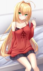 Rule 34 | 10s, 1girl, ahoge, alternate hair length, alternate hairstyle, bare shoulders, bed, black bra, black skirt, blonde hair, blush, bra, breasts, cleavage, closed mouth, clothes writing, collarbone, fate/extra, fate (series), flying sweatdrops, green eyes, hair between eyes, hair intakes, hand in own hair, head tilt, highres, jewelry, lace, lace-trimmed bra, lace trim, long hair, long sleeves, medium breasts, nero claudius (fate), nero claudius (fate) (all), nero claudius (fate/extra), off-shoulder shirt, off shoulder, on bed, pleated skirt, red shirt, ring, shirt, sidelocks, sitting, skirt, sleeves past wrists, solo, underwear, very long hair, wide sleeves, yoye (pastel white)
