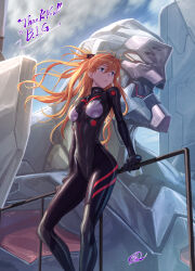 Rule 34 | 1girl, alternate color, alternate universe, arm support, ass, black bodysuit, blue eyes, blue sky, bodysuit, breasts, brown hair, eishun, eva 03, evangelion: 2.0 you can (not) advance, floating hair, hair between eyes, hair ornament, highres, long hair, medium breasts, neon genesis evangelion, plugsuit, rebuild of evangelion, shiny clothes, simple background, skin tight, sky, solo, souryuu asuka langley, two side up, very long hair, white background