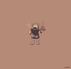 Rule 34 | 1boy, beard, brown background, brown hair, brown theme, dungeon meshi, dwarf, facial hair, fake horns, fish food, full body, hand on own hip, helmet, highres, holding, holding plate, horned helmet, horns, long beard, male focus, negative space, notice lines, plate, senshi (dungeon meshi), smallpapers, solo, standing, steam, thick mustache, very long beard, x x