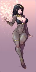 Rule 34 | 1girl, black eyes, black hair, blunt bangs, bodystocking, breasts, cameltoe, cleavage, cleft of venus, covered navel, curvy, fire emblem, fire emblem awakening, full body, highres, keppok, large breasts, long hair, looking at viewer, mandragoria, navel, nintendo, no panties, parted lips, pussy, see-through, smile, solo, standing, tharja (fire emblem), thick thighs, thighs, tiara, uncensored, wide hips