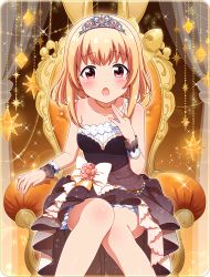 Rule 34 | 10s, absurdres, battle girl high school, blonde hair, blush, curtains, dress, game cg, highres, jewelry, looking at viewer, necklace, official art, red eyes, short hair, sitting, solo, surprised, throne, tiara, watagi michelle