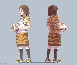 Rule 34 | 1girl, animal print, artist name, ball, basketball, basketball (object), black socks, blouse, blue eyes, breasts, brown hair, facing away, full body, grey background, hair ornament, hairclip, holding, holding ball, kneehighs, looking away, multicolored shirt, multiple views, open mouth, orange shirt, orange shorts, original, outline, print shirt, print shorts, shadow, shapoco, shirt, shoes, short hair, shorts, simple background, small breasts, sneakers, socks, sportswear, standing, sweat, t-shirt, tiger print, twitter username, white outline, white shirt, yellow footwear