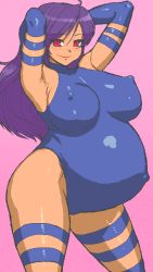 Rule 34 | arms behind back, breasts, elbow gloves, gloves, large breasts, latex, latex gloves, leotard, long hair, marvel, naughty face, oekaki, pregnant, psylocke, purple hair, red eyes, skin tight, smile, tenseiani, thighhighs, thighs, x-men