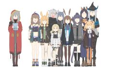 6+girls absurdres amiya_(arknights) animal_ears arknights blonde_hair blue_hair brown_hair cat_ears cat_girl cat_tail cuora_(arknights) dobermann_(arknights) grey_hair gummy_(arknights) hat highres horns ifrit_(arknights) jessica_(arknights) kofucchi kroos_(arknights) lappland_(arknights) long_hair looking_at_viewer multiple_girls open_mouth projekt_red_(arknights) rabbit_ears simple_background skadi_(arknights) smile tail texas_(arknights) white_background