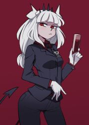 Rule 34 | 1girl, 4shi, alcohol, black necktie, black pants, cup, demon tail, drinking glass, formal, gloves, hairband, helltaker, highres, holding, holding cup, horns, long hair, long sleeves, lucifer (helltaker), necktie, pants, red background, red eyes, red shirt, shirt, solo, suit, tail, white gloves, white hair, wine, wine glass