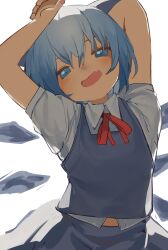Rule 34 | 1girl, blue bow, blue eyes, blue hair, blue skirt, blue vest, blush, bow, cirno, collared shirt, commentary, detached wings, fairy, fang, hair between eyes, hair bow, highres, ice, ice wings, looking at viewer, open mouth, pocche-ex, shirt, short hair, short sleeves, simple background, skin fang, skirt, smile, solo, touhou, vest, white background, white shirt, wings