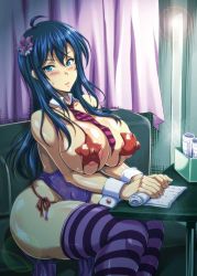 Rule 34 | 1girl, asakura yuu (-unlimited), blue hair, breasts, covered erect nipples, curtains, ichinose yuna, large breasts, long hair, necktie, pasties, sitting, solo