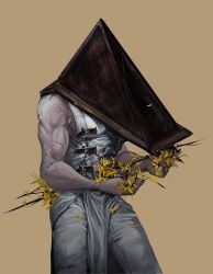 Rule 34 | 1boy, brown background, caad014, cowboy shot, flower, hands up, highres, male focus, object head, pants, pelvic curtain, petals, pyramid head, scar, scar on arm, silent hill (series), simple background, sleeveless, solo, standing, white pants, yellow flower