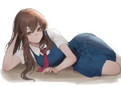 Rule 34 | 1girl, absurdres, blue shirt, blue skirt, brown hair, character request, copyright request, cotta (heleif), hair between eyes, highres, long hair, lying, messy hair, necktie, on side, pleated skirt, shirt, simple background, skirt, solo, white background, yellow eyes