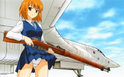 Rule 34 | 1girl, absurdres, aircraft, airplane, airplane wing, artbook, blue necktie, blue skirt, blue vest, bolt action, bomber, brown eyes, buttons, closed mouth, cloud, cloudy sky, collared shirt, crotch seam, gluteal fold, gun, heavy bomber, highres, holding, holding gun, holding weapon, long sleeves, looking at viewer, medium hair, military, military vehicle, necktie, orange hair, original, panties, pantyshot, penetrator (aircraft), pleated skirt, rifle, shirt, skirt, sky, solo, standing, strategic bomber, thighs, tu-160, underwear, uniform, vest, weapon, white panties, white shirt, wind, wind lift, yamauchi noriyasu