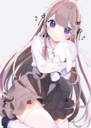 Rule 34 | 1girl, bandages, black footwear, black ribbon, blush, brown hair, brown skirt, chikuwa., commentary request, eyebrows hidden by hair, flying sweatdrops, frilled skirt, frills, grey background, hair ornament, hair ribbon, hairclip, highres, long hair, hugging object, original, purple eyes, rabbit hair ornament, ribbon, shoes, simple background, skirt, solo, stuffed animal, stuffed rabbit, stuffed toy, thighhighs, two side up, v-shaped eyebrows, very long hair, white thighhighs
