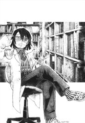 Rule 34 | 1boy, animal, animal on shoulder, belt, bespectacled, bookshelf, breast pocket, chair, collared shirt, covered mouth, crossed legs, dated, dress shirt, feet out of frame, flip-flops, glasses, greyscale, hand up, heterochromia, holding, holding pen, iguro obanai, kaburamaru, kimetsu gakuen, kimetsu no yaiba, lab coat, long sleeves, looking at viewer, male focus, marumaru (curry tabetai 2), mask, monochrome, mouth mask, necktie, office chair, outside border, pants, pen, pocket, pointing, pointing at self, sandals, shirt, shirt tucked in, short hair, sitting, sleeves past wrists, snake, socks, striped clothes, striped shirt, striped socks, swivel chair