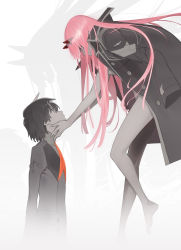 Rule 34 | 10s, 1boy, 1girl, absurdres, barefoot, black hair, darling in the franxx, different shadow, floating, hands on another&#039;s face, highres, hiro (darling in the franxx), horns, jacket, jacket on shoulders, key visual, light smile, long hair, looking at another, official art, pink hair, promotional art, short hair, spot color, tanaka masayoshi, zero two (darling in the franxx)