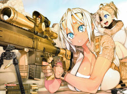 Rule 34 | 23 (real xxiii), 2girls, ahoge, aimpoint, battle rifle, bipod, blonde hair, blue eyes, breasts, cleavage, dark-skinned female, dark skin, downblouse, gloves, gun, h&amp;k hk417, heckler &amp; koch, highres, large breasts, lying, magazine (weapon), military operator, multiple girls, non-web source, on stomach, original, rifle, scope, sela (23), shell casing, short hair, sniper rifle, ursula (23), vertical forward grip, weapon, wife and wife