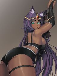 Rule 34 | 1girl, absurdres, animal ear fluff, animal ears, aqua eyes, arms up, ass, back, black gloves, black shorts, black sports bra, breasts, bridal gauntlets, commentary, dark-skinned female, dark skin, elbow gloves, english commentary, fate/grand order, fate (series), forehead jewel, gloves, head chain, highres, jackal ears, jewelry, kevbot, large breasts, long hair, looking back, paw pose, purple hair, queen of sheba (fate), short shorts, shorts, sideboob, solo, sports bra, strap gap, thick thighs, thigh strap, thighs, very long hair