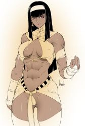 Rule 34 | 1girl, abs, black hair, bowalia, bridal gauntlets, covered erect nipples, cowboy shot, gluteal fold, headband, hime cut, lipstick, looking at viewer, makeup, midriff, muscular, muscular female, navel, original, sidelocks, solo, standing, thighhighs, white thighhighs