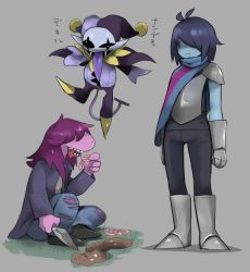 Rule 34 | 1girl, 2boys, armor, blue skin, boots, cape, colored skin, deltarune, digging, furry, hair over eyes, hat, highres, jester cap, jevil, kris (deltarune), multiple boys, pauldrons, purple hair, sharp teeth, shoulder armor, standing, susie (deltarune), teeth, tirarizun, tongue, tongue out, torn clothes, trowel, worm
