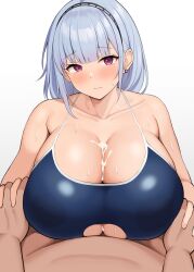 Rule 34 | 1boy, 1girl, absurdres, alternate costume, azur lane, black hairband, blue one-piece swimsuit, blunt bangs, blush, breasts, cleavage cutout, closed mouth, clothed sex, clothing cutout, collarbone, commentary, cum, cum on body, cum on breasts, cum on upper body, dark-skinned male, dark skin, dido (azur lane), ear piercing, grey hair, hairband, handsfree paizuri, hetero, highres, holding hands, huge breasts, interlocked fingers, looking at viewer, medium hair, neneneji, one-piece swimsuit, paizuri, paizuri under clothes, piercing, pov, purple eyes, school swimsuit, simple background, solo focus, sweat, swimsuit, underboob, upper body, white background