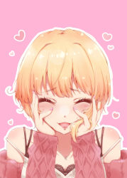 Rule 34 | 1girl, absurdres, blush, closed eyes, commentary request, eyelashes, face, facing viewer, fingernails, hands on own face, hands up, heart, heart necklace, highres, idolmaster, idolmaster cinderella girls, jewelry, long sleeves, miyamoto frederica, nail polish, necklace, open mouth, outline, pink background, pink nails, pink sweater, ryuu., shirt, short hair, simple background, smile, solo, strap slip, sweater, white shirt