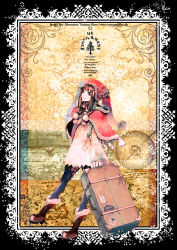 Rule 34 | 1girl, artist name, blue pantyhose, blunt bangs, boots, border, brown eyes, brown hair, capelet, full body, fur-trimmed boots, fur trim, green eyes, hime cut, hood, kiryuu tsukasa (citrocube), luggage, open mouth, original, outside border, pantyhose, pom pom (clothes), rolling suitcase, sidelocks, smile, solo, standing, suitcase, traveler (citrocube), trunk
