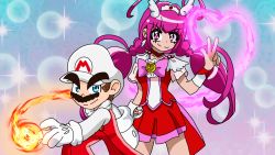 Rule 34 | 1boy, 1girl, alex-sama, blue eyes, brown hair, crossover, cure happy, earrings, facial hair, fire, fire mario, gloves, hat, heart, hoshizora miyuki, jewelry, looking at viewer, magic, magical girl, mario, mario (series), mustache, nintendo, overalls, pink eyes, pink hair, power-up, precure, red skirt, skirt, smug, spoken heart, standing, super mario bros. 1, twintails