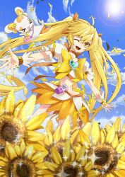 Rule 34 | &gt; &lt;, 10s, 1girl, blonde hair, bow, brooch, cloud, cure sunshine, day, closed eyes, female focus, flower, hair ribbon, heart, heart brooch, heartcatch precure!, kousou, long hair, looking at viewer, magical girl, midriff, myoudouin itsuki, navel, one eye closed, open mouth, orange bow, orange skirt, petals, potpourri (heartcatch precure!), precure, ribbon, skirt, sky, solo, sun, sunflower, twintails, wink, wrist cuffs, yellow bow, yellow theme