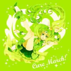 Rule 34 | 10s, 1girl, armpits, arms up, bike shorts, bike shorts under skirt, bow, bowtie, brooch, character name, choker, cure march, dress, fingernails, full body, green background, green dress, green eyes, green hair, green shorts, green skirt, green theme, jewelry, leg up, long hair, magical girl, matching hair/eyes, midorikawa nao, ponytail, precure, roseria, shoes, shorts, shorts under skirt, skirt, smile, smile precure!, solo, tri tails, wrist cuffs