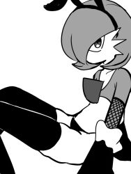 Rule 34 | 1girl, an (koreaajw1313), animal ears, bob cut, collarbone, colored skin, creatures (company), elbow gloves, fake animal ears, female focus, fishnet gloves, fishnets, flat chest, from side, game freak, gardevoir, gen 3 pokemon, gloves, greyscale, hair over one eye, hairband, highres, knees up, layered gloves, leaning forward, looking at viewer, monochrome, multicolored skin, nintendo, no mouth, one eye covered, panties, pokemon, pokemon (creature), rabbit ears, short hair, simple background, sitting, sketch, solo, thighhighs, two-tone skin, underwear, white background