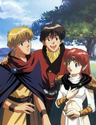 Rule 34 | 1990s (style), 1girl, 2boys, :o, armor, azalyn (musekinin kanchou tylor), blonde hair, bracer, brown eyes, brown hair, cape, clothing cutout, day, hand on another&#039;s shoulder, highres, justy ueki tylor, long hair, multiple boys, musekinin kanchou tylor, nature, official art, open mouth, outdoors, parted lips, pauldrons, ponytail, red hair, retro artstyle, ruu (musekinin kanchou tylor), short hair, shoulder armor, shoulder cutout, teeth, tiara, upper teeth only, wristband