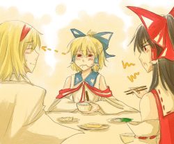 Rule 34 | 3girls, alice margatroid, bad id, bad pixiv id, blonde hair, blush, bow, capelet, catyll, chopsticks, detached sleeves, eating, eyebrows, closed eyes, hair bow, hair tubes, hakurei reimu, if they mated, multiple girls, red eyes, rice, sketch, tears, touhou